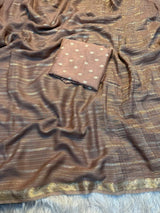 Viscose Georgette Zari liningPure viscose georgette saree with zari lining weaving in body and leaf design jacq borderWith lining zari palluPaired with matching pure viscose silk blouse