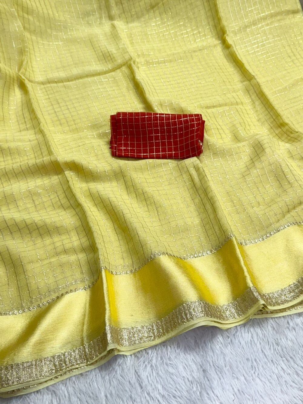 Pure Viscose Georgette saree with lurex thread chex weaving all over Saree With satin borderComes with viscose georgette Blouse