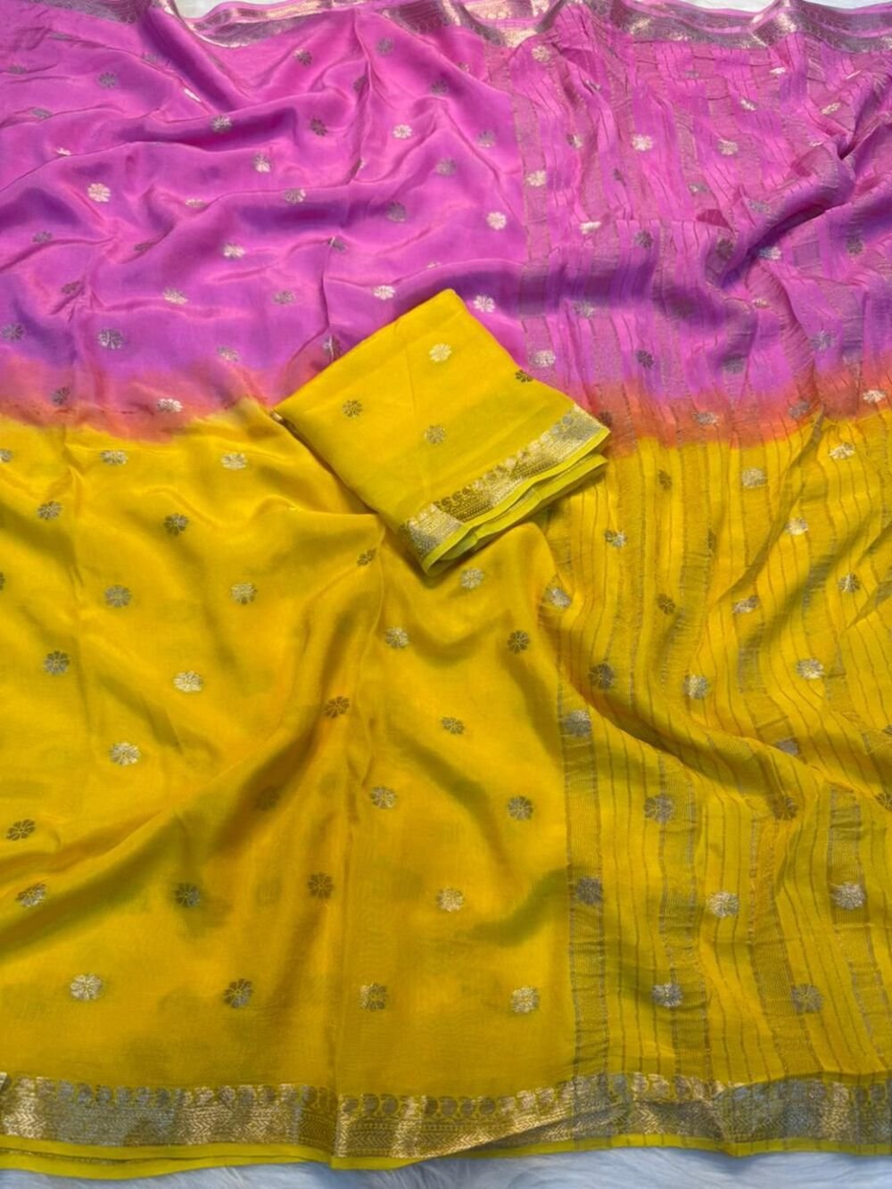 Pure viscose crepe saree with butti weaving in body and lining zari palluWith mango design zari border In shaded color combination Paired with running viscose blouse