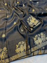Soft Viscose Khadi silk fabric with zari border both side jacquard horse figure design in panel all over with running blouse Partywear trending saree