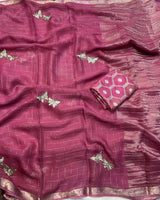Viscose Georgette saree with butterfly Beatswork with same tone viscose jacquard Blouse