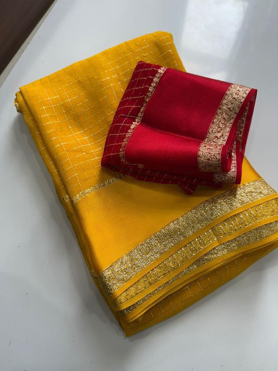 Viscose Georgette saree with zari chex weaving all over Saree and satin borderComes with running viscose georgette Blouse