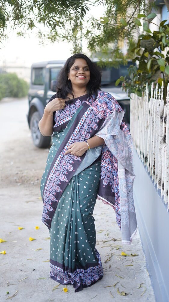 Ajrakh Digital Print modal cotton silk fabric Saree With very soft texture.. Light weight Silk Fabric with a rich glaze . *Ajrakh Print saree with Rich Pallu and Contrast Blouse*