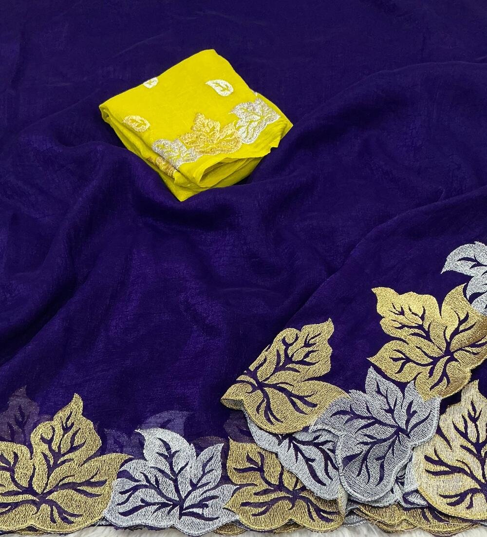 Golden Silver Leaf Soft Crunchy crush Silk Saree with Leaf Design Embroidery and Cutwork border. Beautiful combination of silver and gold zari embroidery . Perfectly Matched Contrast Blouse with silver and gold zari woven design.