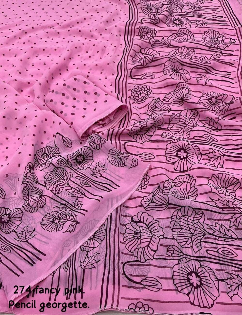 New high quality simple printed georgette saree. Quality- soft georgette with sketch style pencil prints. Picko border done. Blouse - running georgette printed blouse. Full length 6.30 meters - Image 2