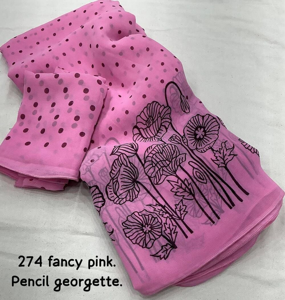 New high quality simple printed georgette saree. Quality- soft georgette with sketch style pencil prints. Picko border done. Blouse - running georgette printed blouse. Full length 6.30 meters