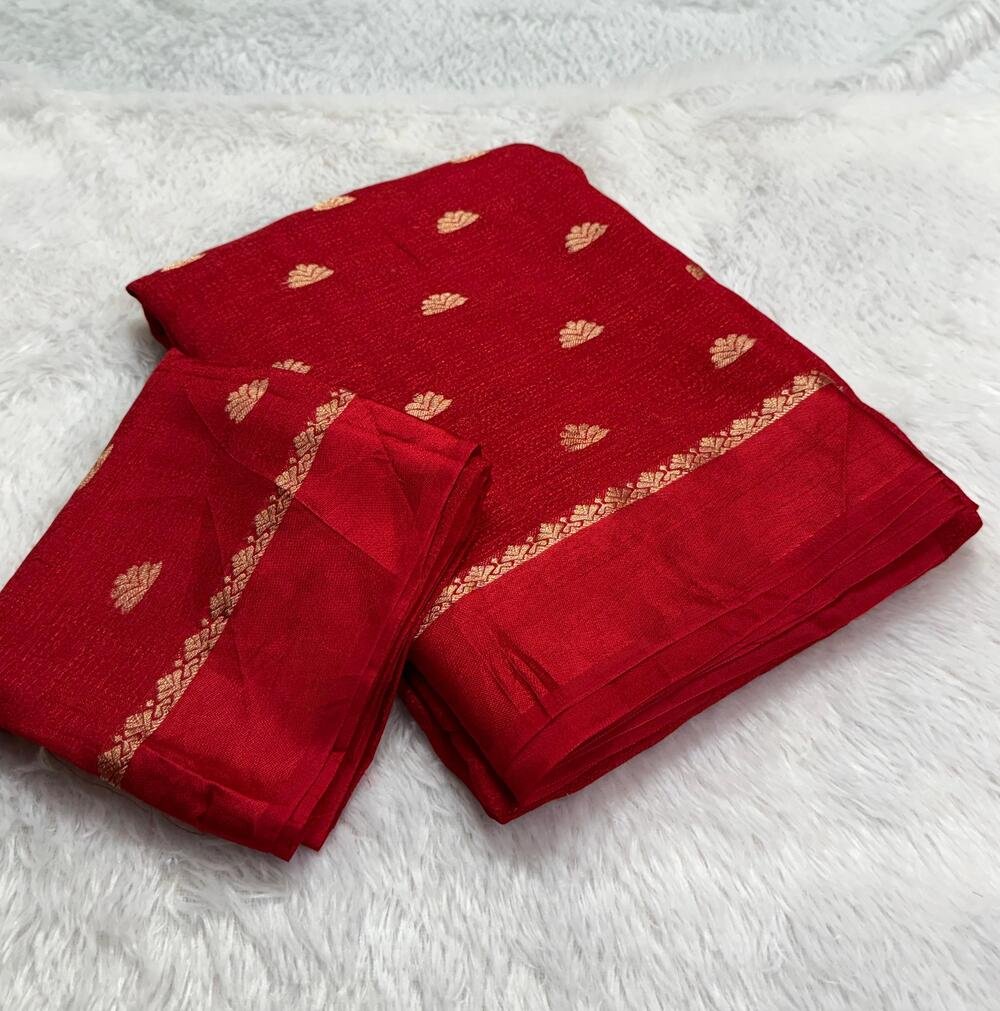 Soft Viscose Khadi silk fabric with satin border both side jacquard small butti weaving design all over with running blouse.. Partywear trending saree.. - Image 2