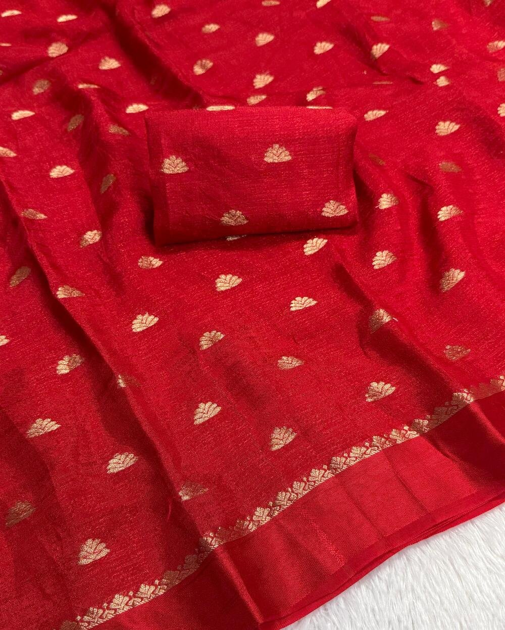 Soft Viscose Khadi silk fabric with satin border both side jacquard small butti weaving design all over with running blouse.. Partywear trending saree.. - Image 3
