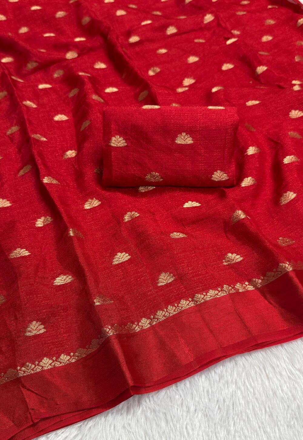 Soft Viscose Khadi silk fabric with satin border both side jacquard small butti weaving design all over with running blouse.. Partywear trending saree.. - Image 4