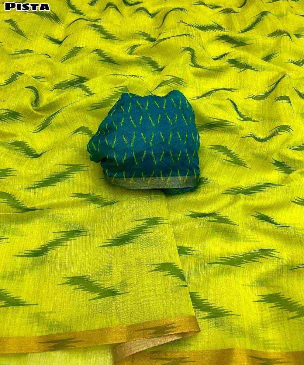 Fabric - Soft Chanderi geometrical digital print with beautiful printed pallu & zari patti border Blouse - printed blouse weight 390 Grams