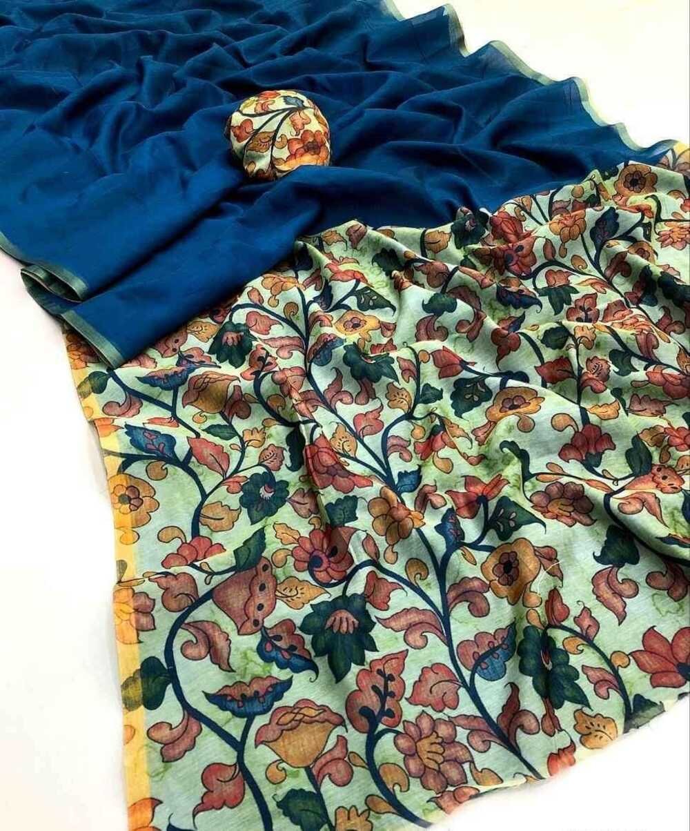 soft chanderi digital print with kalamkari printed pallu & zari patti border