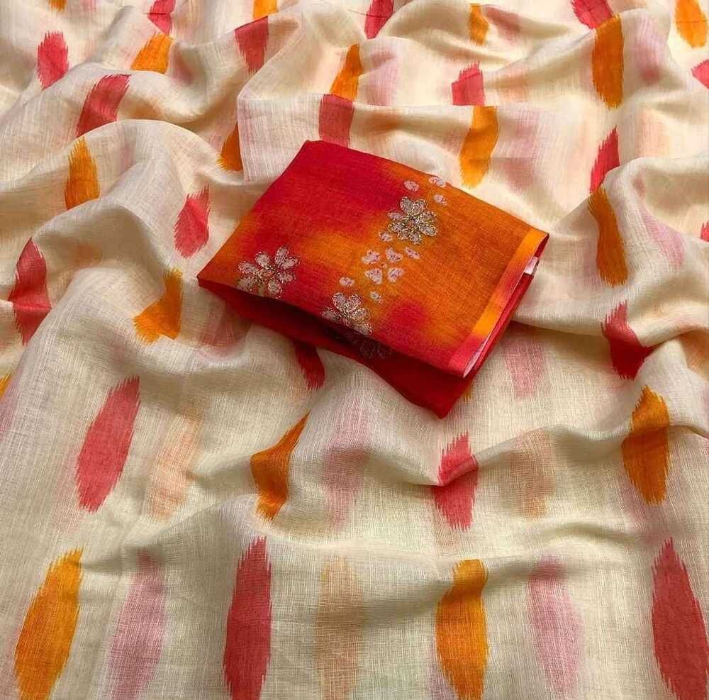 Soft lenin brush print style digital print comes with embroidery cutwork border Blouse - printed blouse with embroidery work weight 490 Grams - Image 2