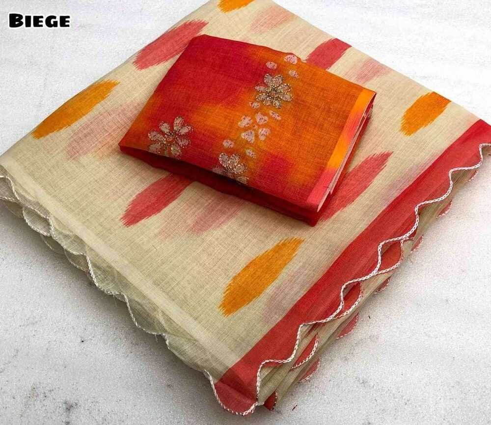 Soft lenin brush print style digital print comes with embroidery cutwork border Blouse - printed blouse with embroidery work weight 490 Grams