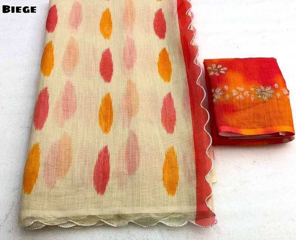 Soft lenin brush print style digital print comes with embroidery cutwork border Blouse - printed blouse with embroidery work weight 490 Grams - Image 3