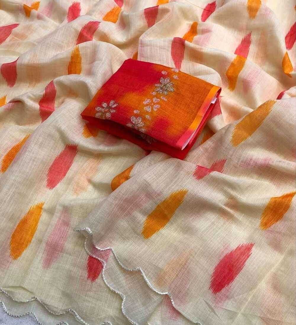 Soft lenin brush print style digital print comes with embroidery cutwork border Blouse - printed blouse with embroidery work weight 490 Grams - Image 4