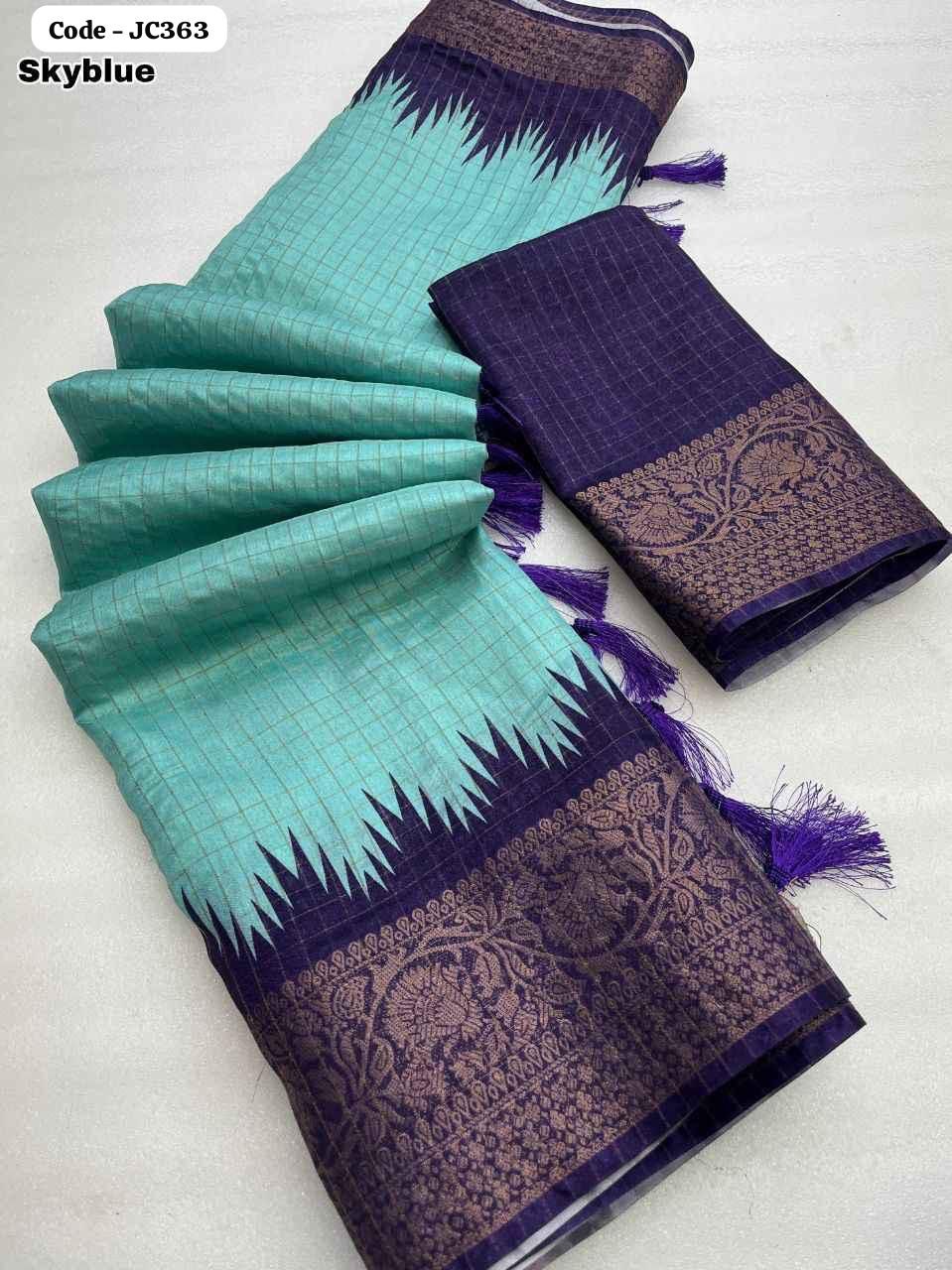 Soft chenderi chex weaving with temple design digital print with jaquard weaving border .. Blouse - Contrast blouse weight 470 Grams