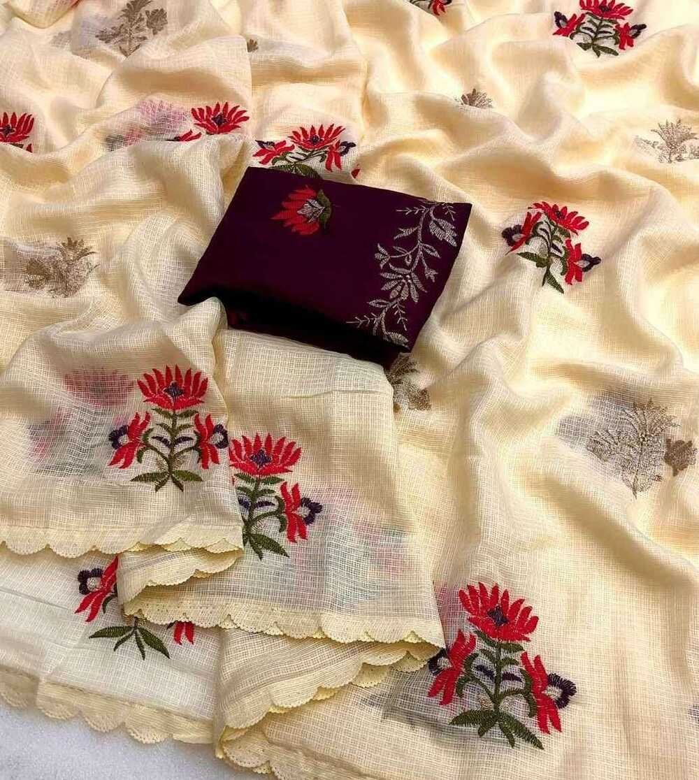 Fabric details - Soft kota chex with floral embroidery work design & machine cutwork border Blouse - Contrast embroidery work blouse Cut - 6.30 Available in Single colour Weight - 400 Grams - Image 4