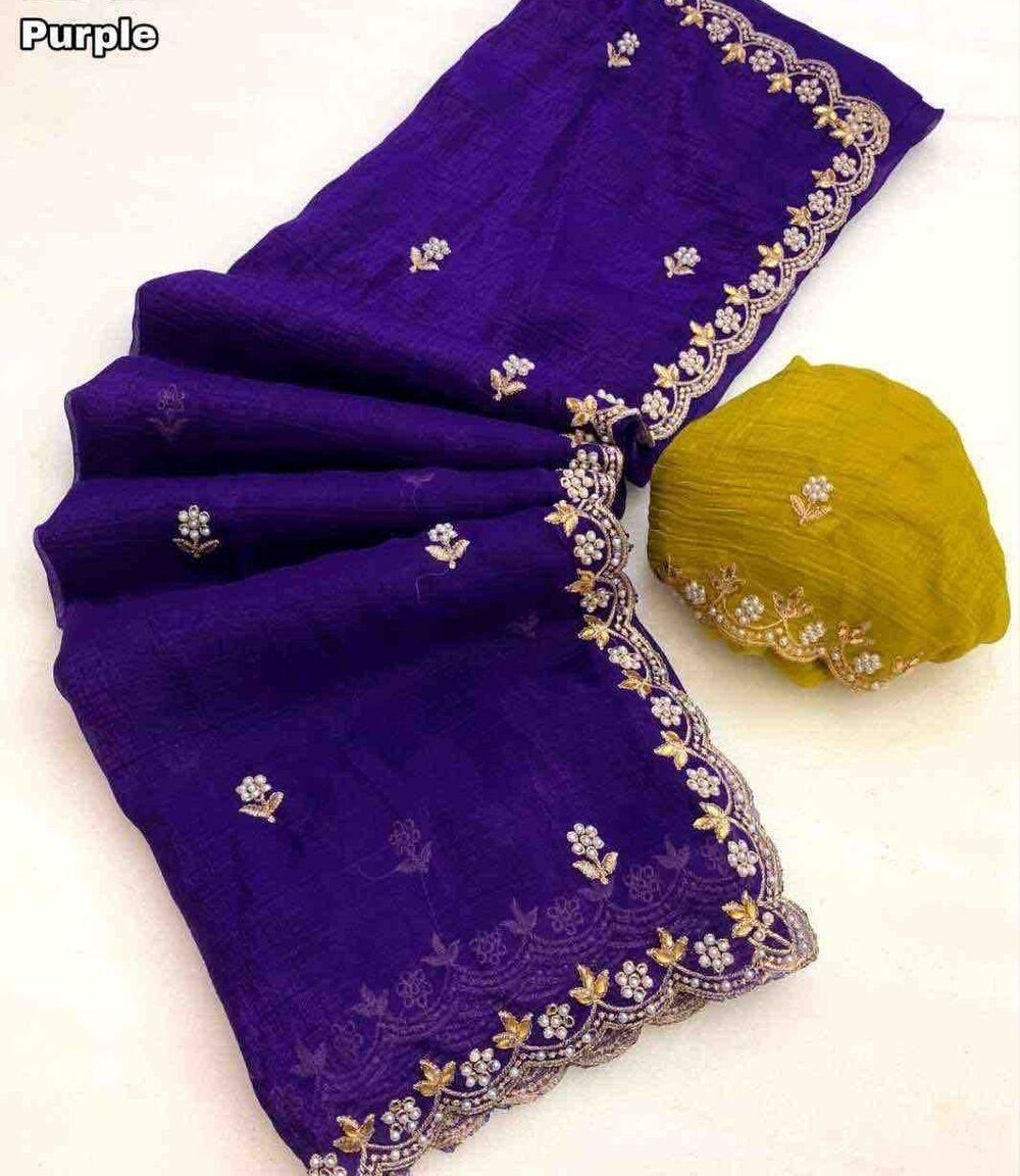 Fabric - Crunchy chiffon crush silk with beautiful embroidery & moti work scalloped cut work border Blouse - contrast work blouse Saree cut - 5.5 meter Blouse cut - 0.8 meter Weight - 550 Gram