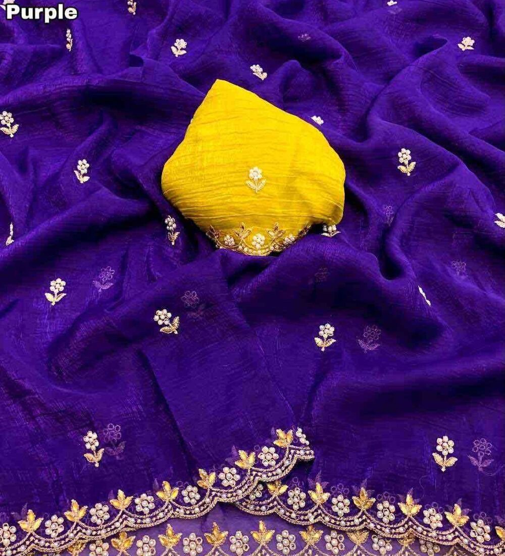 Fabric - Crunchy chiffon crush silk with beautiful embroidery & moti work scalloped cut work border Blouse - contrast work blouse Saree cut - 5.5 meter Blouse cut - 0.8 meter Weight - 550 Gram - Image 4