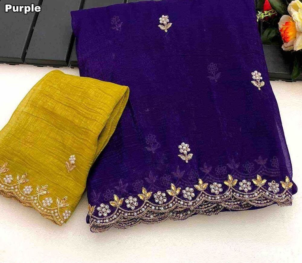 Fabric - Crunchy chiffon crush silk with beautiful embroidery & moti work scalloped cut work border Blouse - contrast work blouse Saree cut - 5.5 meter Blouse cut - 0.8 meter Weight - 550 Gram - Image 3