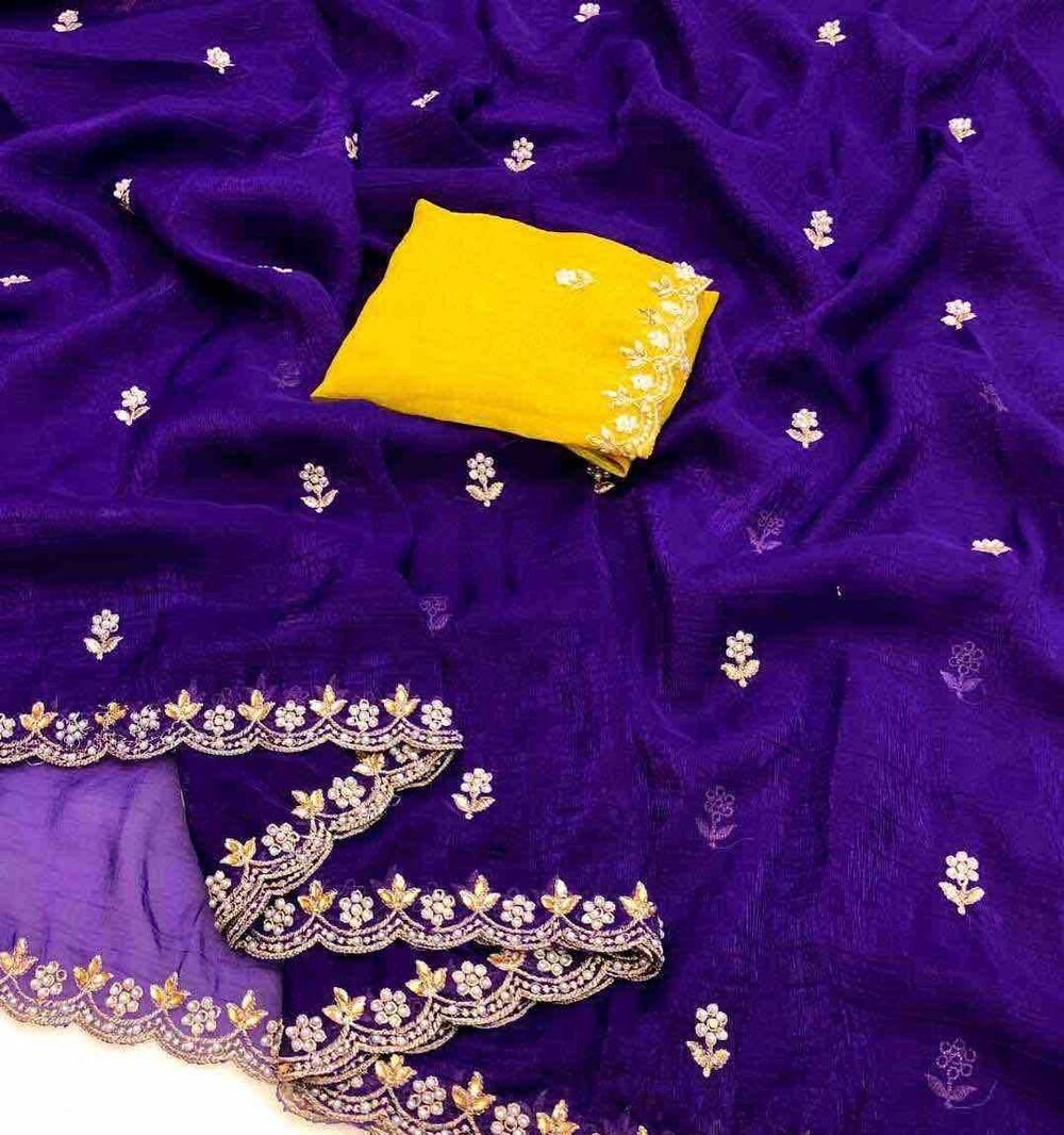 Fabric - Crunchy chiffon crush silk with beautiful embroidery & moti work scalloped cut work border Blouse - contrast work blouse Saree cut - 5.5 meter Blouse cut - 0.8 meter Weight - 550 Gram - Image 2