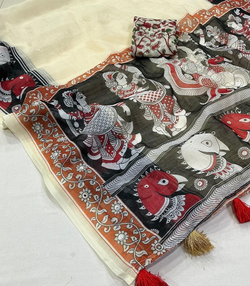 Soft linen saree with gala style kalamkari prints. Aari mirror on saree. Cotton tassles on pallu. small floral printed blouse. Full length 6.30 meters. - Image 2