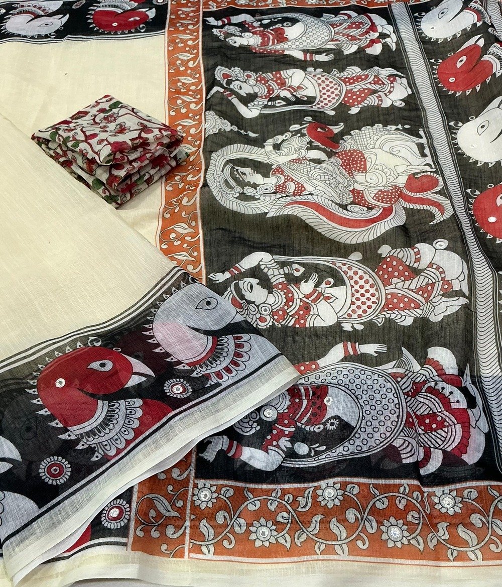 Soft linen saree with gala style kalamkari prints. Aari mirror on saree. Cotton tassles on pallu. small floral printed blouse. Full length 6.30 meters.