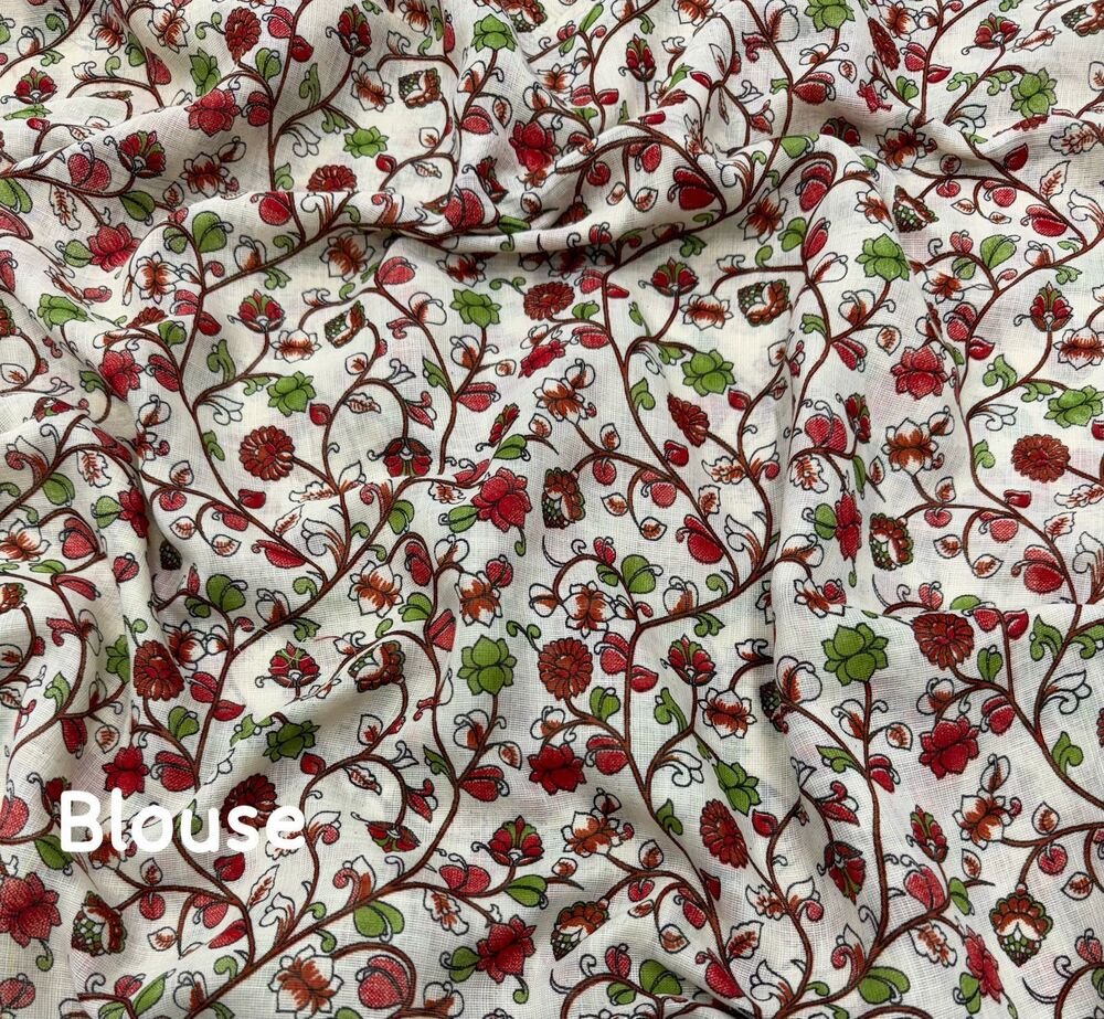 Soft linen saree with gala style kalamkari prints. Aari mirror on saree. Cotton tassles on pallu. small floral printed blouse. Full length 6.30 meters. - Image 3