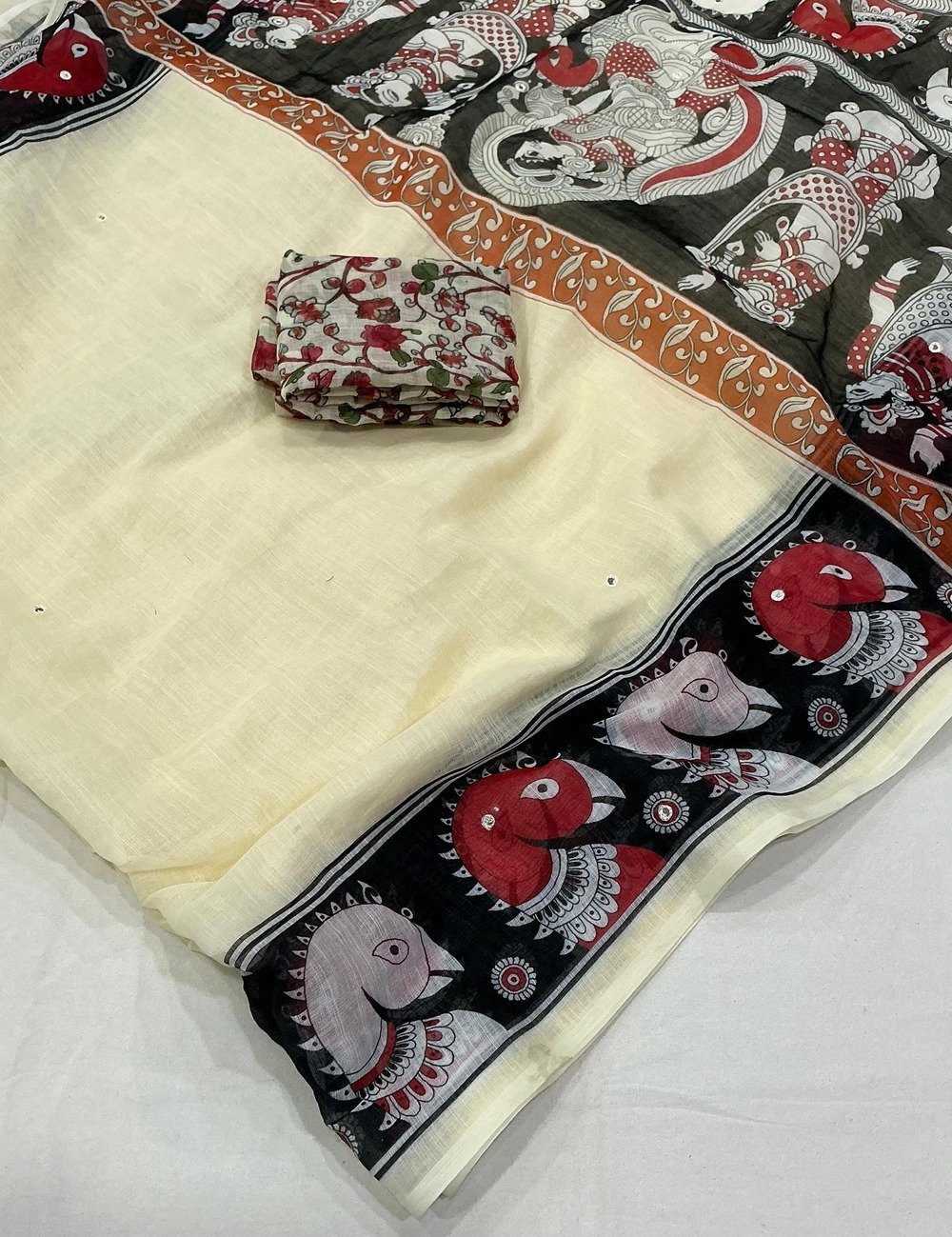 Soft linen saree with gala style kalamkari prints. Aari mirror on saree. Cotton tassles on pallu. small floral printed blouse. Full length 6.30 meters. - Image 4