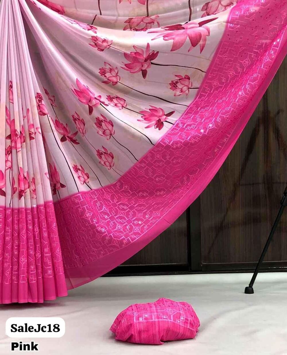 Soft & smooth weightless chiffon with lotus floral design digital print with embroidery & sequence work border with tussle Blouse - printed blouse Cut - 6.30 Available in 3 colours Weight - 570 Gram