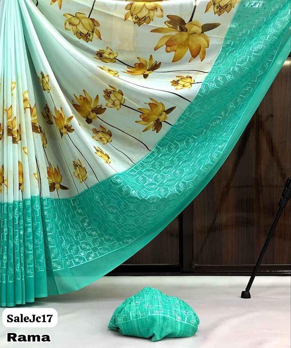 Soft & smooth weightless chiffon with lotus floral design digital print with embroidery & sequence work border with tussle Blouse - printed blouse Cut - 6.30 Available in 3 colours Weight - 570 Gram