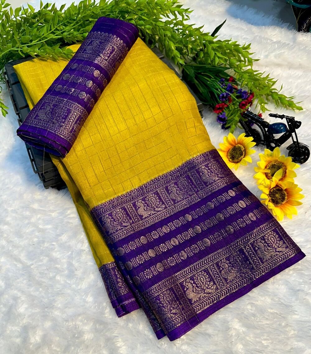 Soft smooth Dola silk with zari weaving big border and zari chex all over Pretty colour combination dola silk saree Contrast dola silk blouse