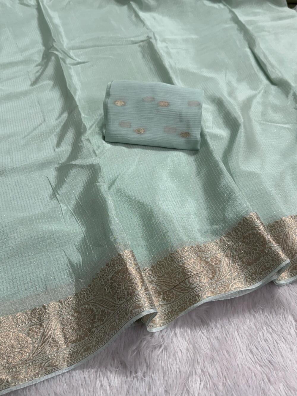 Pure viscose Chinon silk saree with lurex zari in body and jacquard weave border with matching viscose zari butti blouse Saree with perfect width and color quality - Image 2