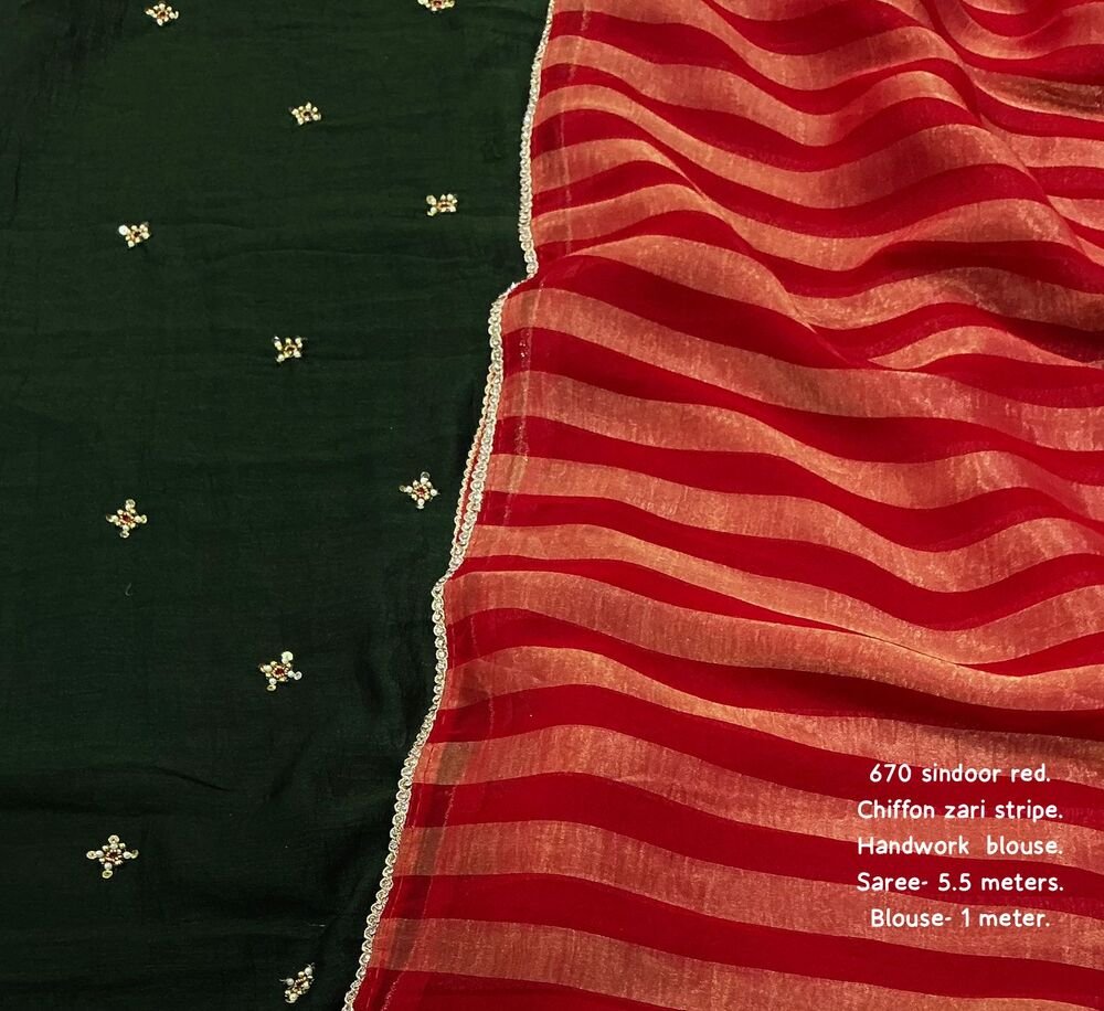 Soft chiffon saree with zari woven stripes allover. Beautiful stone work lace. Contrast Manipuri georgette blouse with handwork butties. Saree- 5.5 meters. Blouse- 1 meter. - Image 3