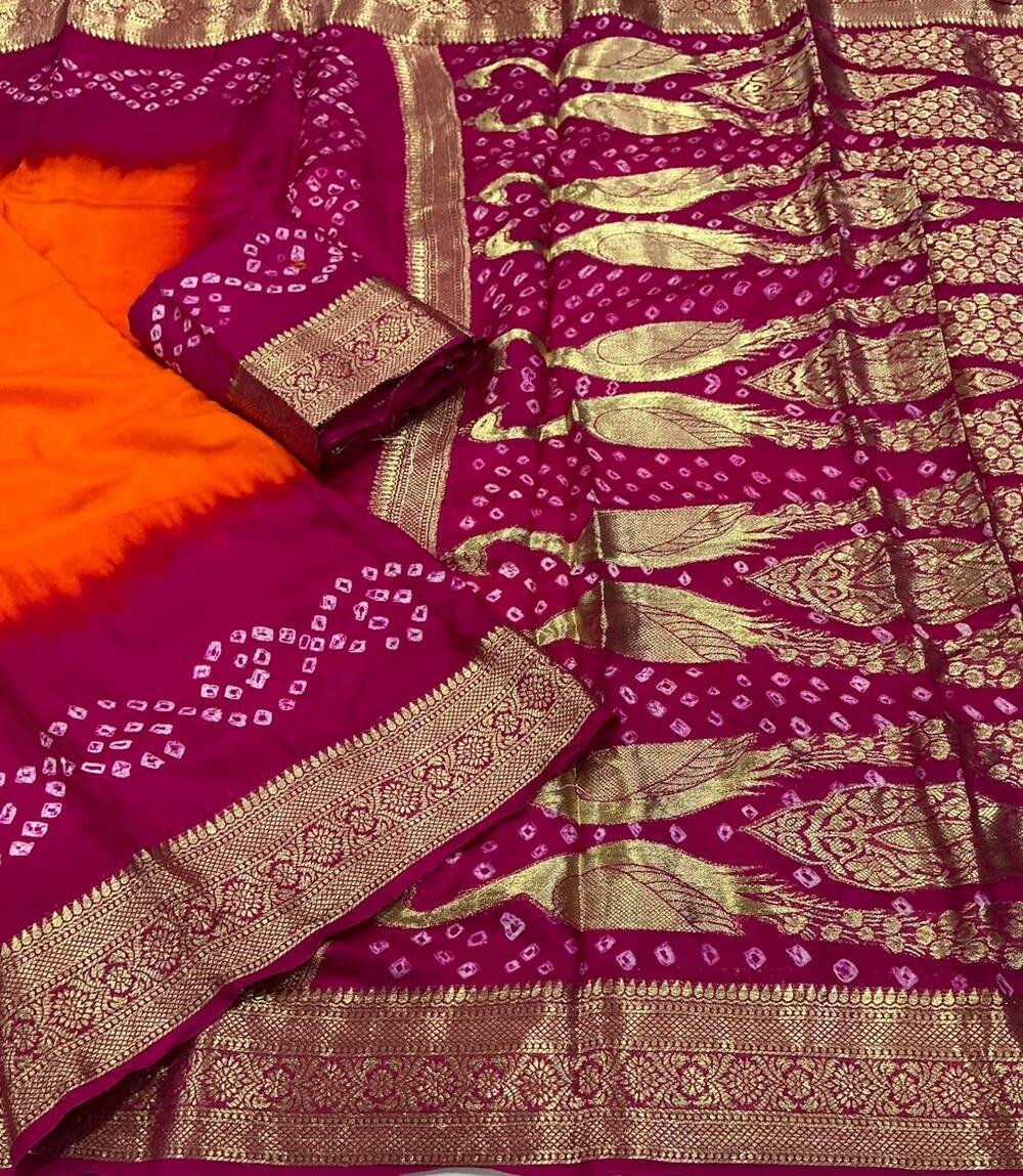 Pure crape silk saree with zari woven border and rich pallu. Hand tied bhandani with two color shaded dying. Cotton tassles on apllu. Running blouse with aari mirror work. Saree- 5.5 meters. Blouse- 1 meter. - Image 3