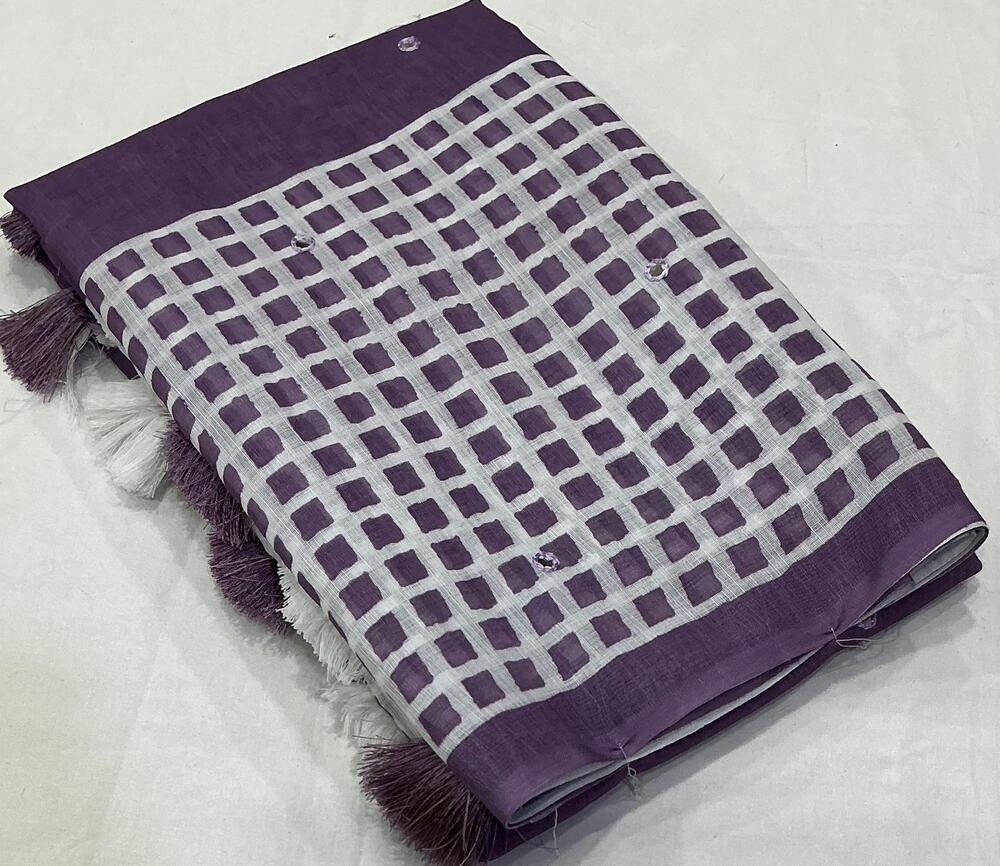 Soft Linen Saree With Aari Mirror Work.. Cotton Tassles on pallu. Blouse - Running Linen Mirror Work on Prints. Full length 6.30 meters.