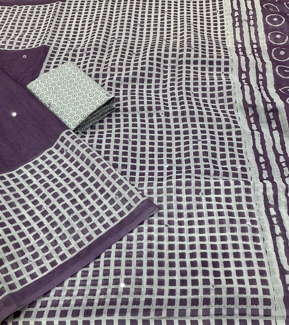 Soft Linen Saree With Aari Mirror Work.. Cotton Tassles on pallu. Blouse - Running Linen Mirror Work on Prints. Full length 6.30 meters. - Image 3