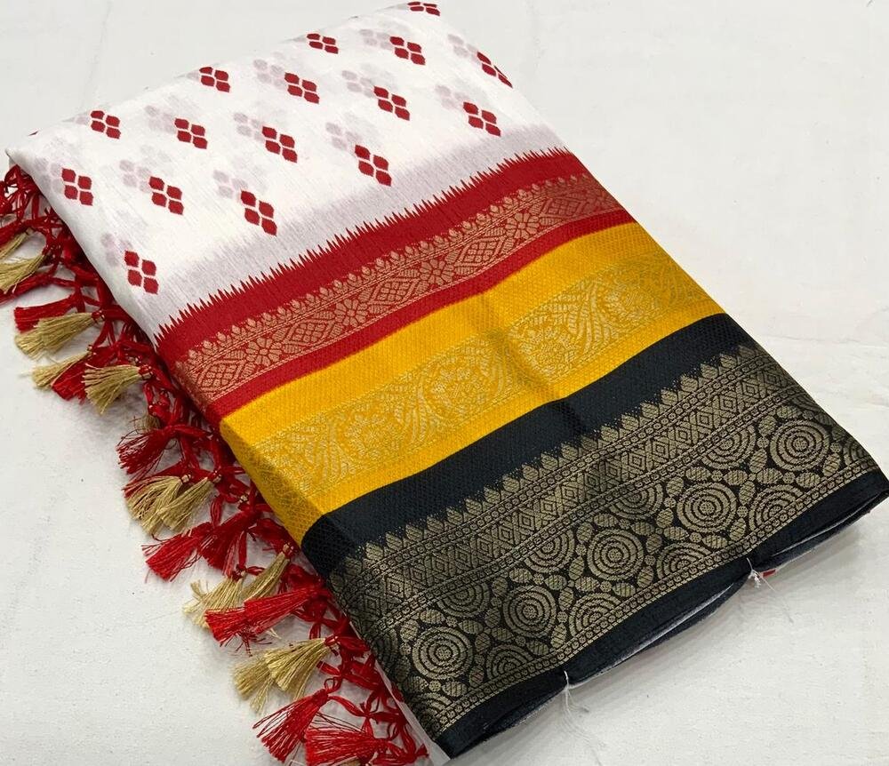 New beautifully designed printed woven saree mastani silk. Quality- soft cotton crape saree with woven zari border. Specialty- PRINTING AND WEAVING ARE PERFECTLY MATCHED FOR BEST LOOK. Blouse- runing contrast black printed blouse. Full length 6.30 meters.