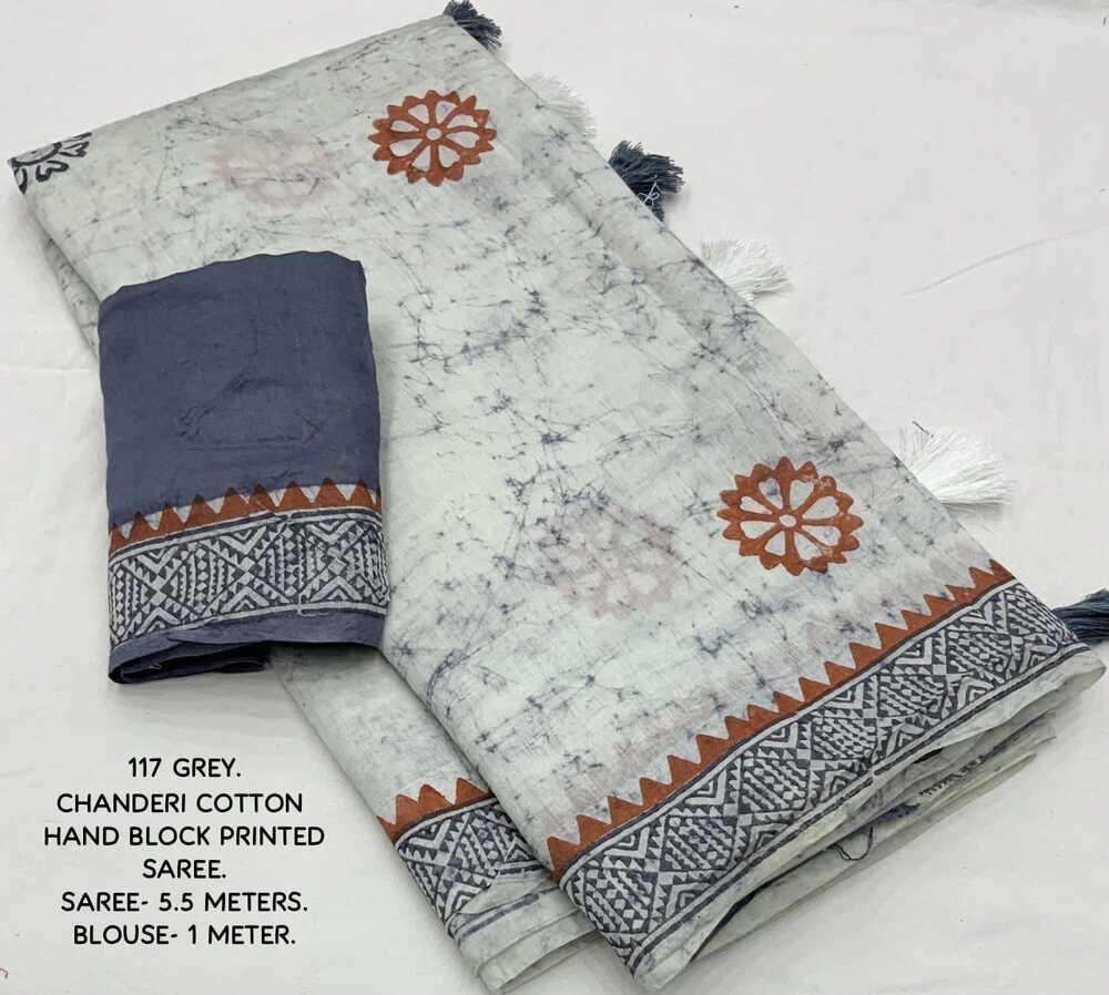 Hand block printed spray style cotton saree. Brush chanderi Quality- soft chanderi cotton saree with hand-block prints. Tassles on pallu. Blouse- contract block printed chanderi cotton blouse. Saree- 5.5 meters. Blouse - 1 meter
