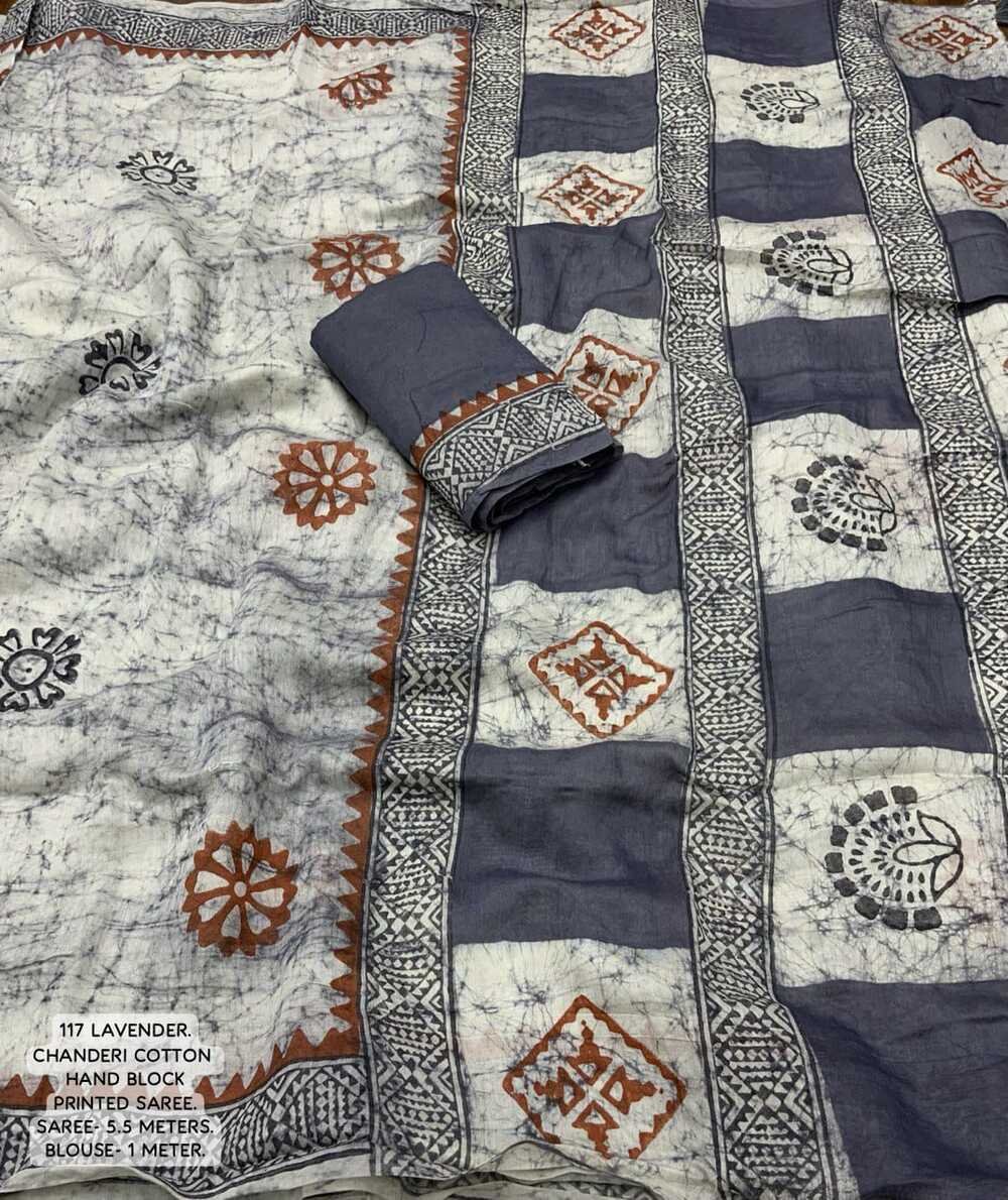 Hand block printed spray style cotton saree. Brush chanderi Quality- soft chanderi cotton saree with hand-block prints. Tassles on pallu. Blouse- contract block printed chanderi cotton blouse. Saree- 5.5 meters. Blouse - 1 meter - Image 2