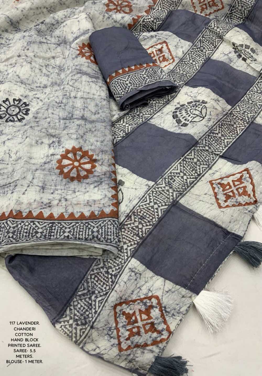 Hand block printed spray style cotton saree. Brush chanderi Quality- soft chanderi cotton saree with hand-block prints. Tassles on pallu. Blouse- contract block printed chanderi cotton blouse. Saree- 5.5 meters. Blouse - 1 meter - Image 3