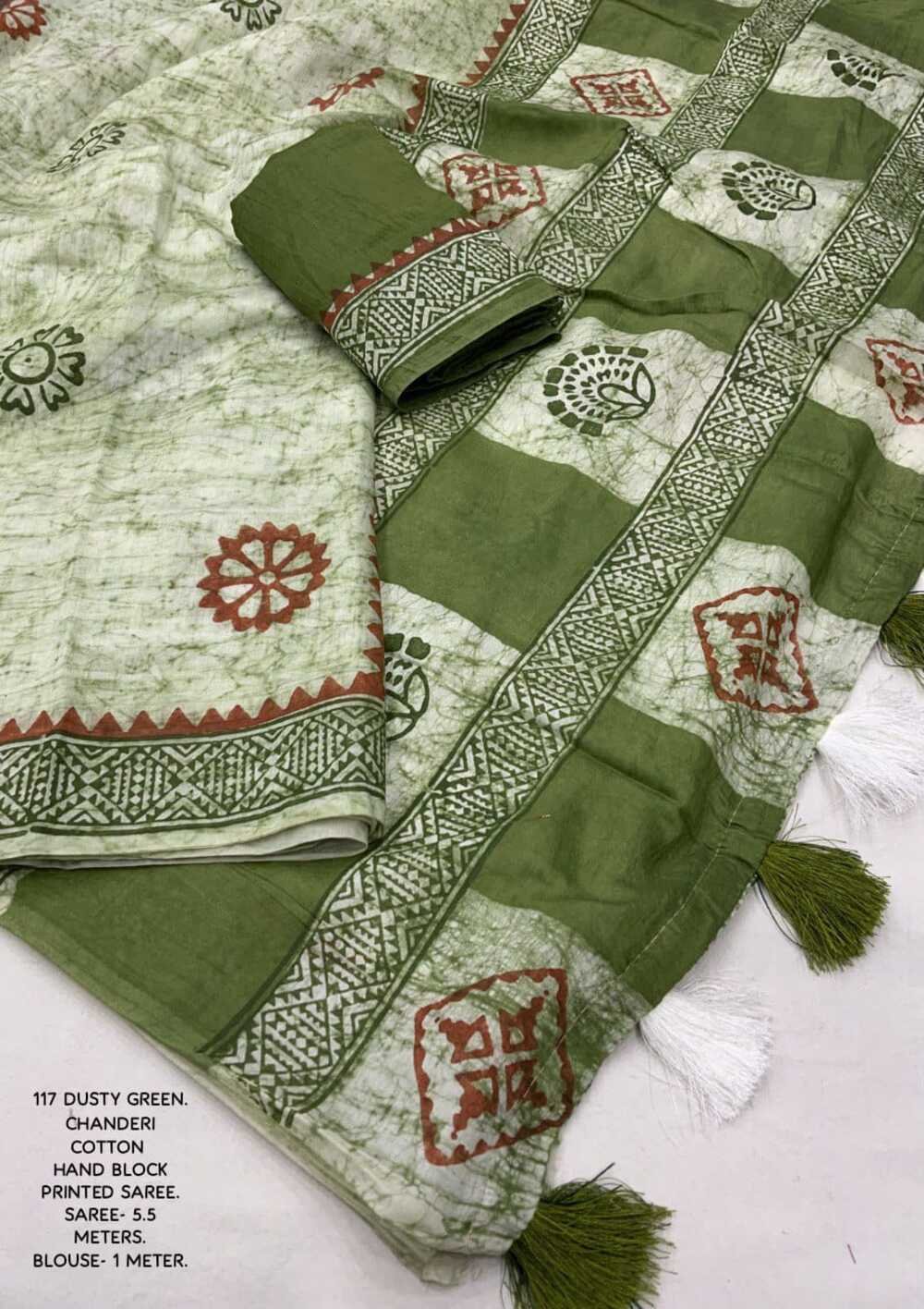 Hand block printed spray style cotton saree. Brush chanderi Quality- soft chanderi cotton saree with hand-block prints. Tassles on pallu. Blouse- contract block printed chanderi cotton blouse. Saree- 5.5 meters. Blouse - 1 meter - Image 2