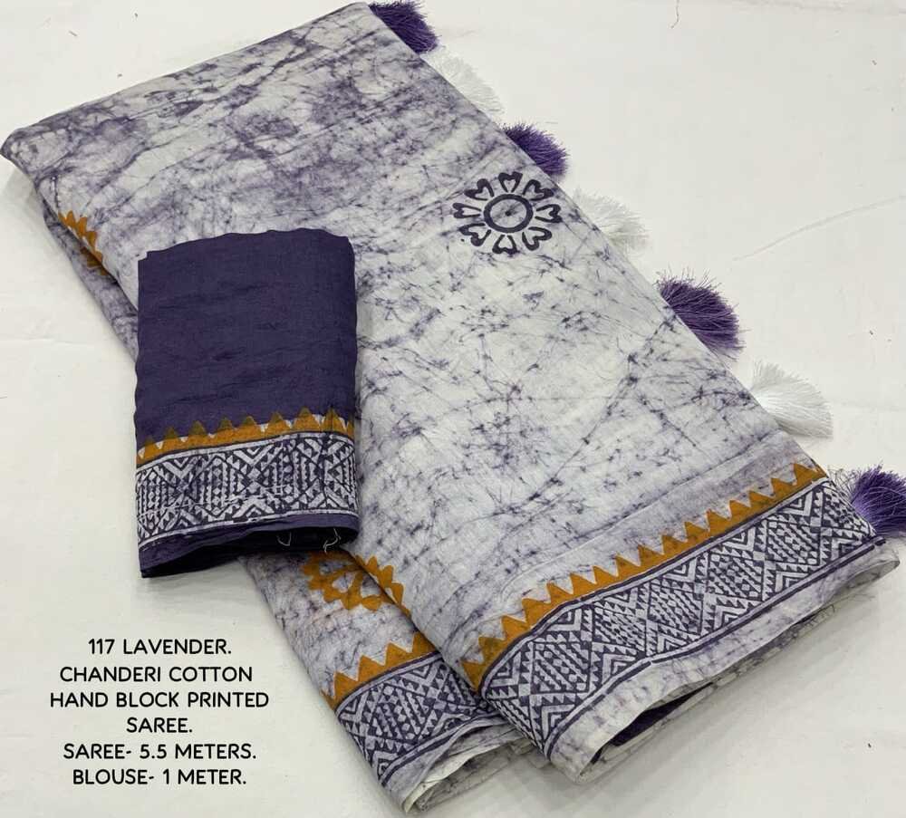Hand block printed spray style cotton saree. Brush chanderi Quality- soft chanderi cotton saree with hand-block prints. Tassles on pallu. Blouse- contract block printed chanderi cotton blouse. Saree- 5.5 meters. Blouse - 1 meter
