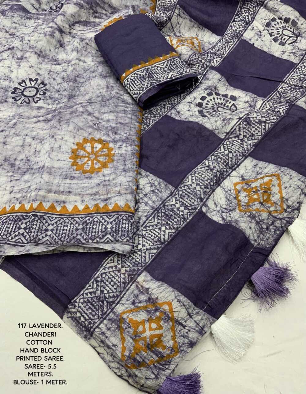 Hand block printed spray style cotton saree. Brush chanderi Quality- soft chanderi cotton saree with hand-block prints. Tassles on pallu. Blouse- contract block printed chanderi cotton blouse. Saree- 5.5 meters. Blouse - 1 meter - Image 2