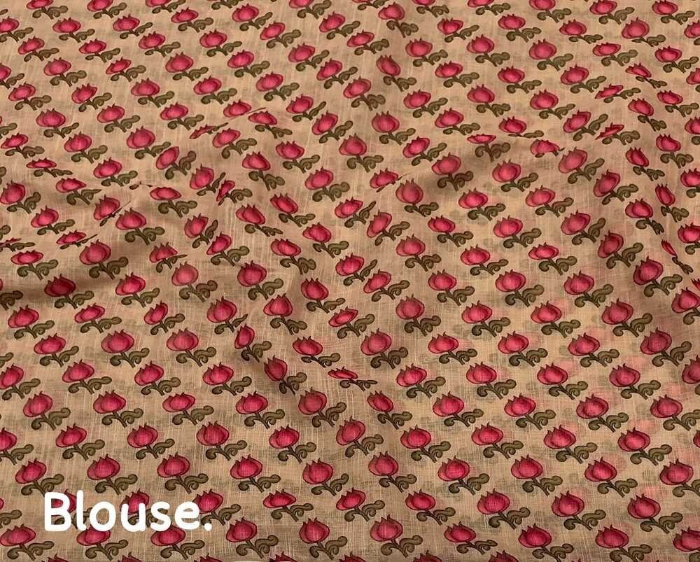 New fancy beige cokor single edition. kalamkari linen. Soft linen kalamkari printed saree. Running floral printed blouse. Saree- 5.5 meters. Blouse- 1 meter. - Image 2