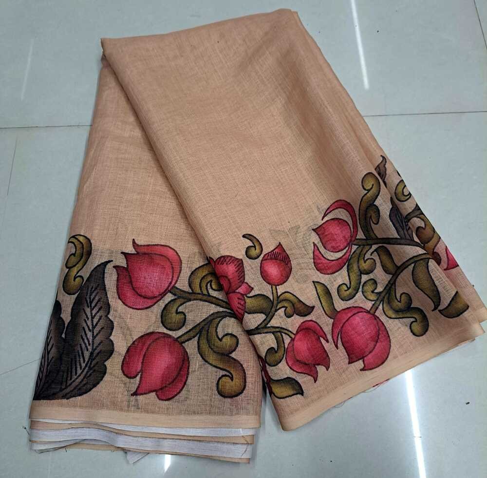 New fancy beige cokor single edition. kalamkari linen. Soft linen kalamkari printed saree. Running floral printed blouse. Saree- 5.5 meters. Blouse- 1 meter.