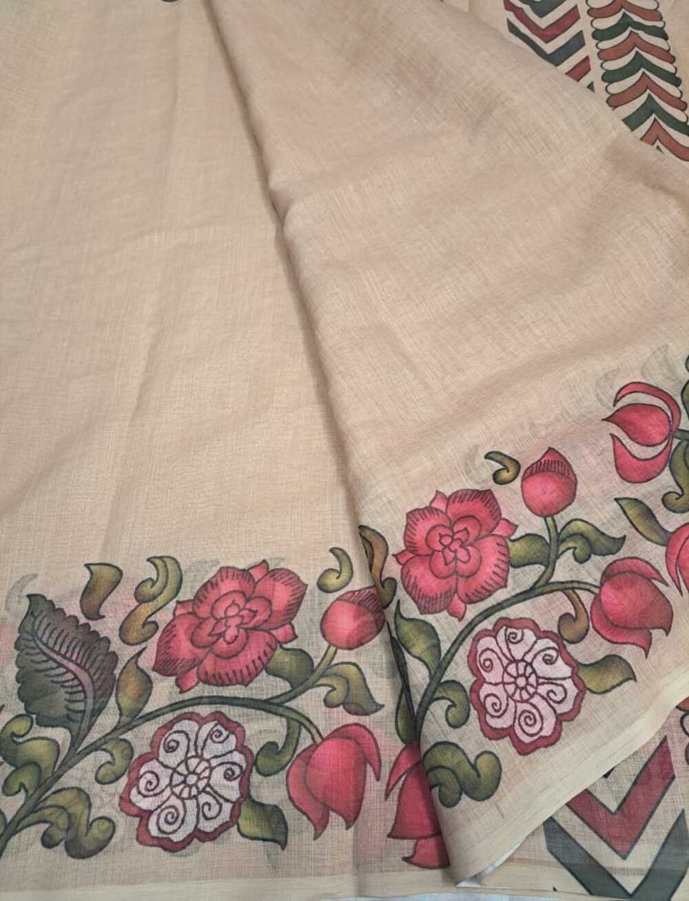 New fancy beige cokor single edition. kalamkari linen. Soft linen kalamkari printed saree. Running floral printed blouse. Saree- 5.5 meters. Blouse- 1 meter. - Image 3