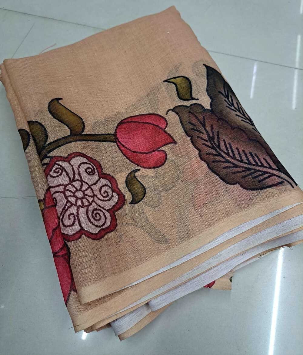 New fancy beige cokor single edition. kalamkari linen. Soft linen kalamkari printed saree. Running floral printed blouse. Saree- 5.5 meters. Blouse- 1 meter. - Image 4