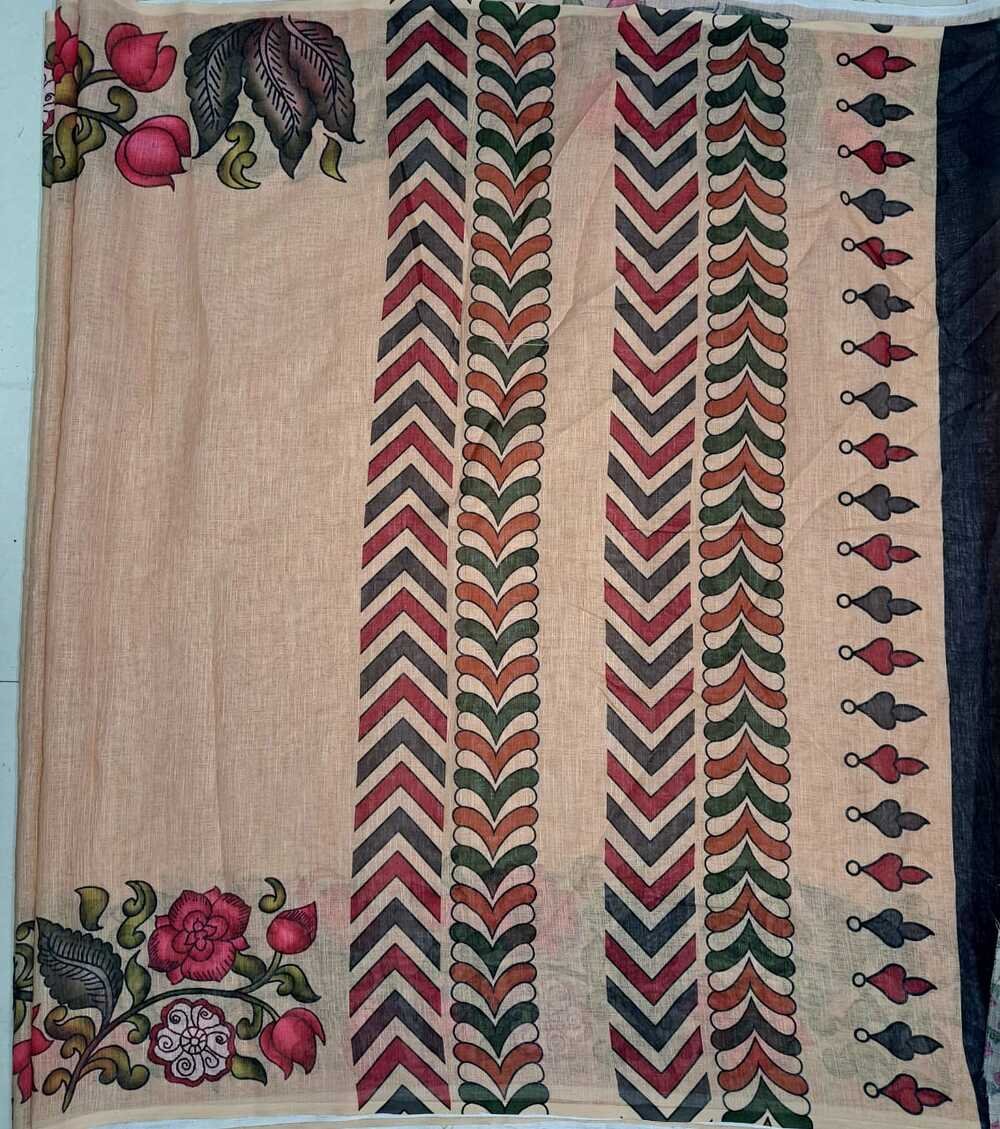 New fancy beige cokor single edition. kalamkari linen. Soft linen kalamkari printed saree. Running floral printed blouse. Saree- 5.5 meters. Blouse- 1 meter. - Image 5