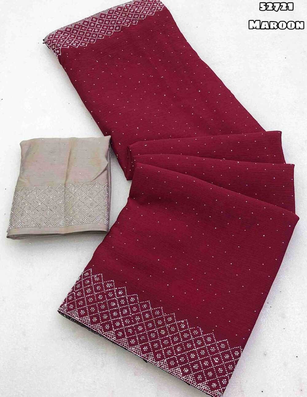 Launching new Soft chinnon silk siroski work saree with scalloped cutwork border Blouse - Contrast siroski work blouse Weight 570 Grams